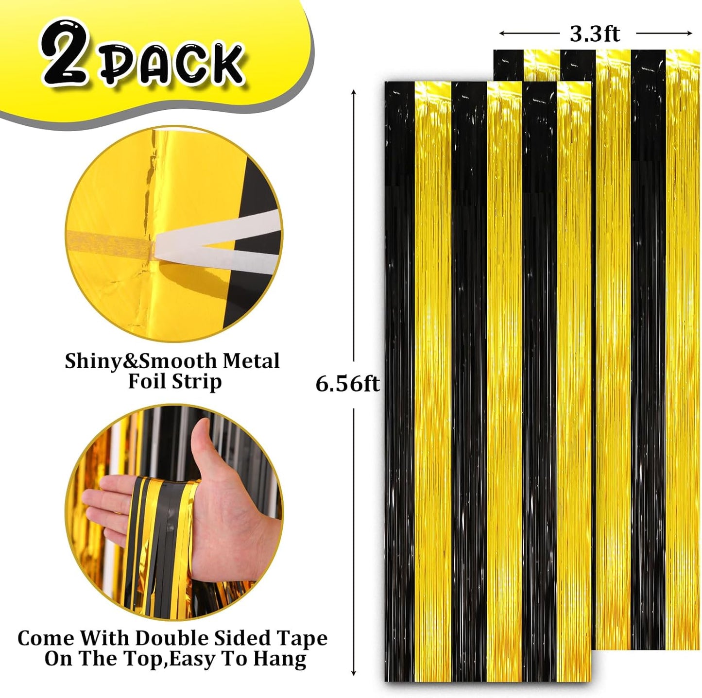 2 Pack Black and Gold Tinsel Foil Fringe Curtains, Black and Gold Party Decorations, Metallic Tinsel Party Streamers Backdrop for 2025 New Years Graduation Prom Party Decorations