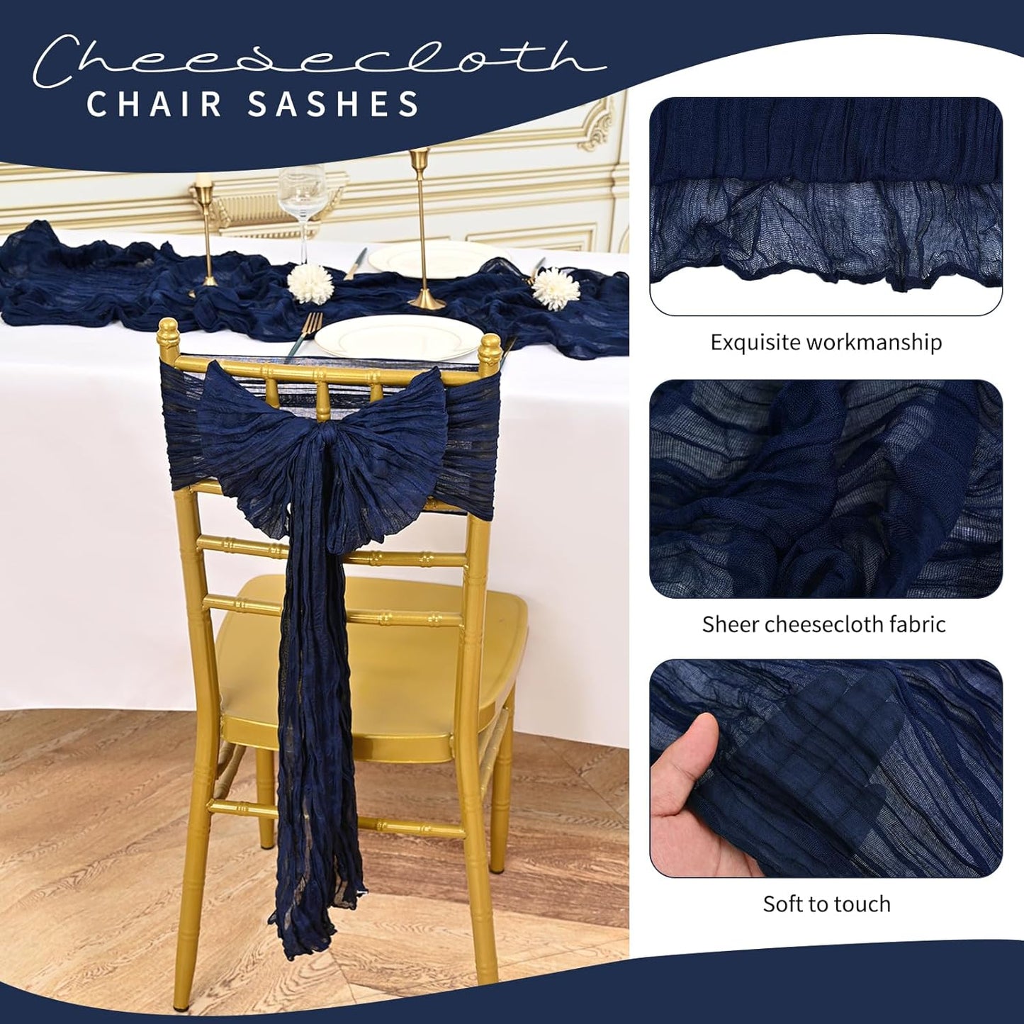 50 PCS Cheesecloth Chair Sashes, Bows Designed ChairSashes, 15.7x108 inch Chair Sashes for Aisle Decorations Universal Chairs Cover Decoration for Wedding Reception Party Banquet (Navy Blue)