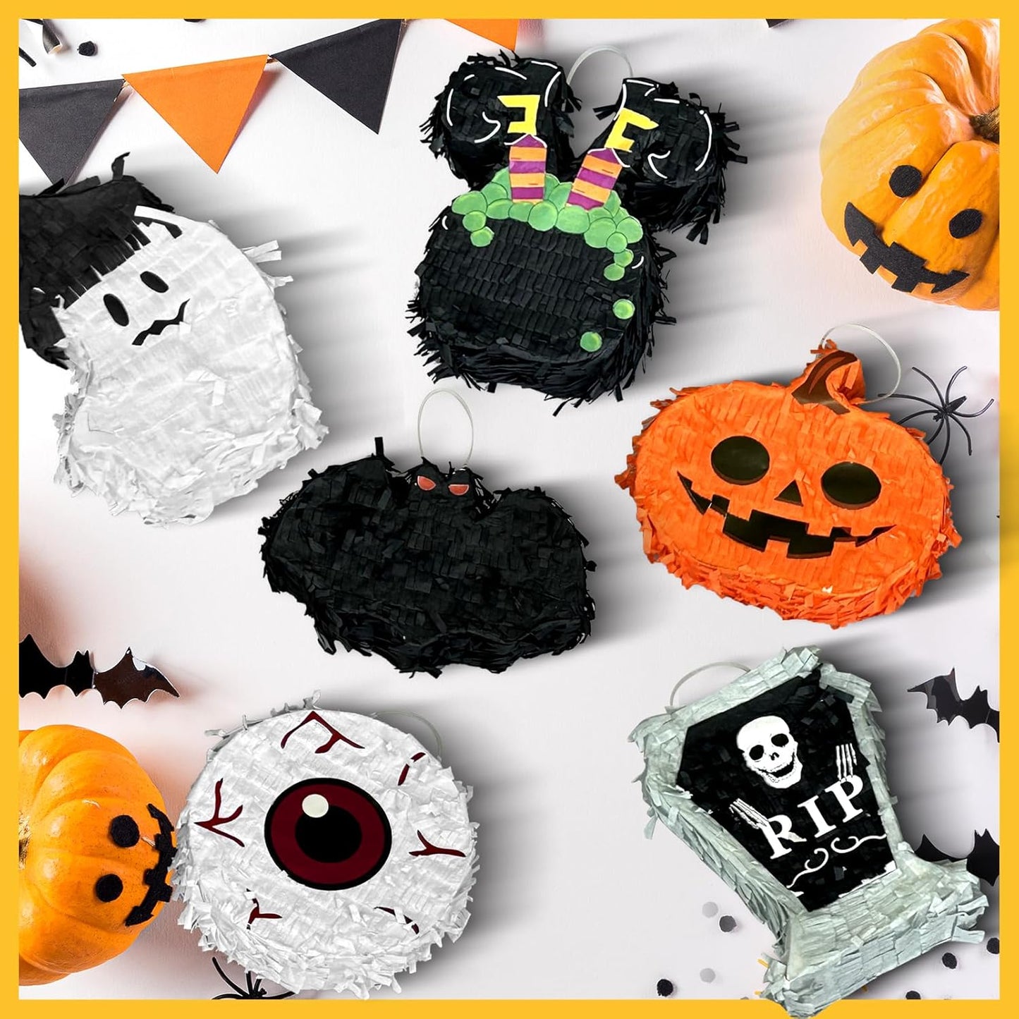 6 Pcs Halloween Piñata Set Small Pumpkin Ghost Tombstone Bat Eyeball Witch Jar Piñata Fillable Piñata for Halloween Party Decorations Photo Props for Candy and Treats