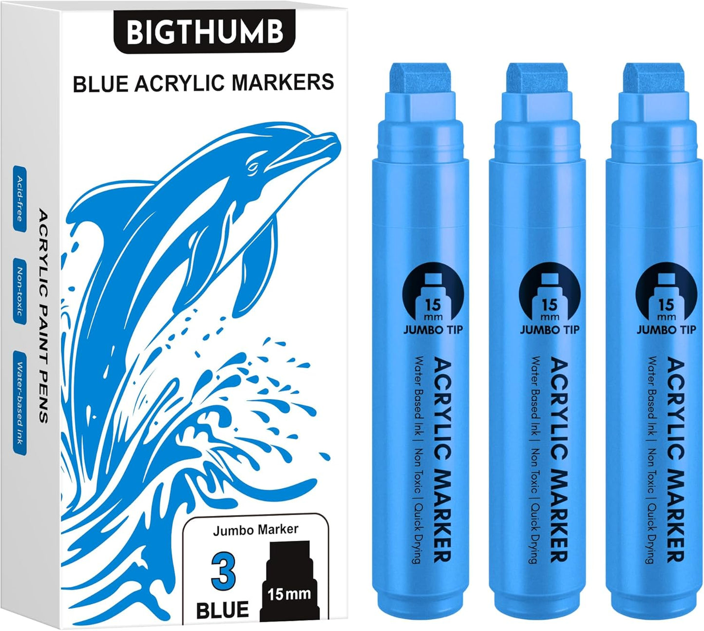 3 Pcs Blue Jumbo Permanent Markers: 15mm Wide Tip Thick Acrylic Paint Pen Large Calligraphy Marker for Rock Painting, Poster, Sign, Canvas, Glass, Wood, Ceramic