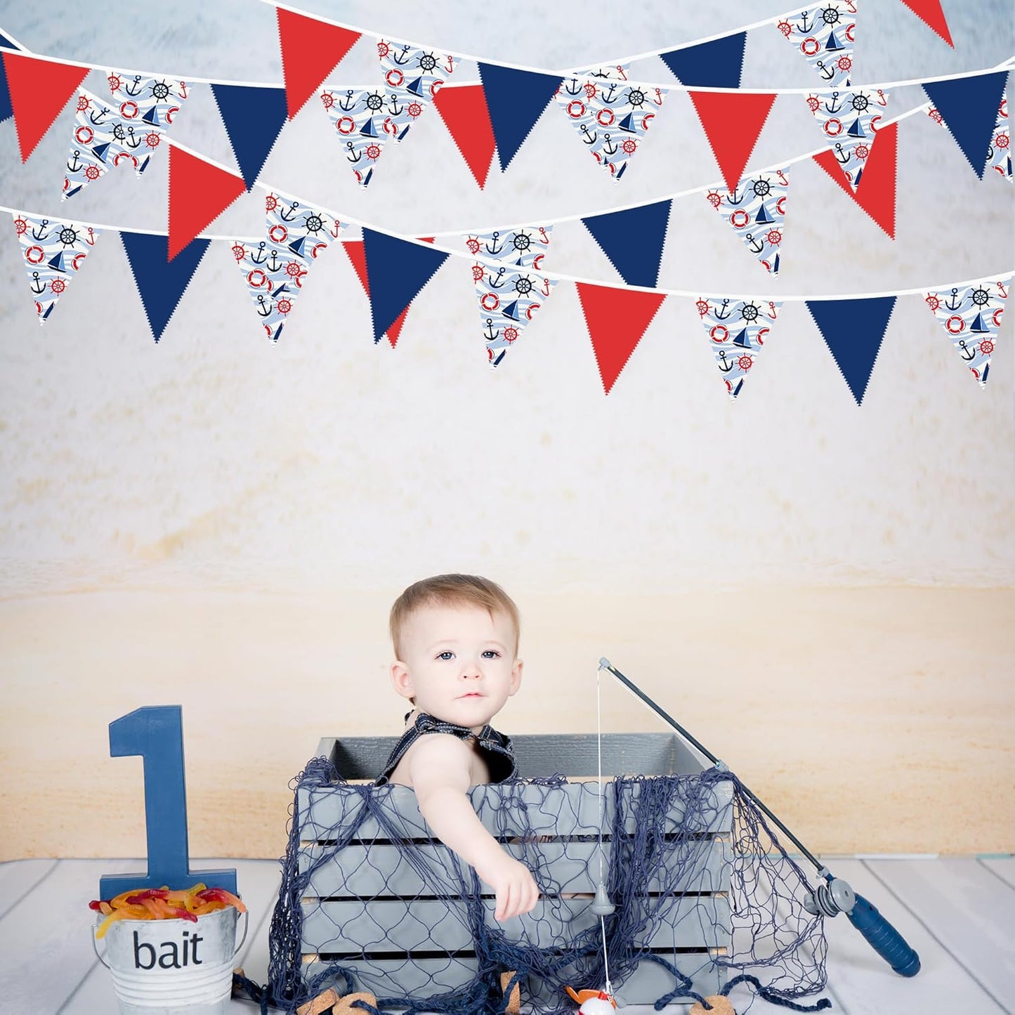 32Ft Nautical Party Decorations Red Blue White Nautical Themed Fabric Banner Triangle Pennant Flag Garland Streamers for Kids Boys Ocean Birthday Ahoy Achor Pirate Baby Shower Outdoor Garden Supplies