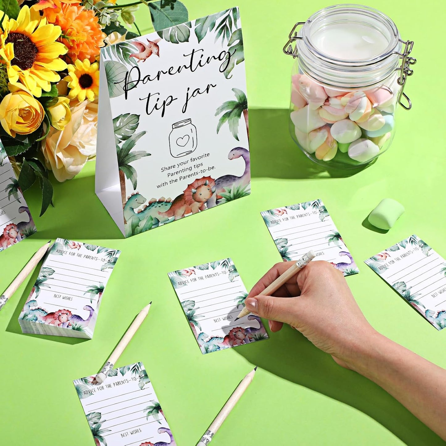 Roowest Baby Shower to Baby Advice Cards for New Parents to Be - Tip Jar Sign for New Parents 60 Parenting Advice Cards 10 HB Pencils 2 Cute Stickers 1 Pet Bottle for Guests Games(Dinosaur)