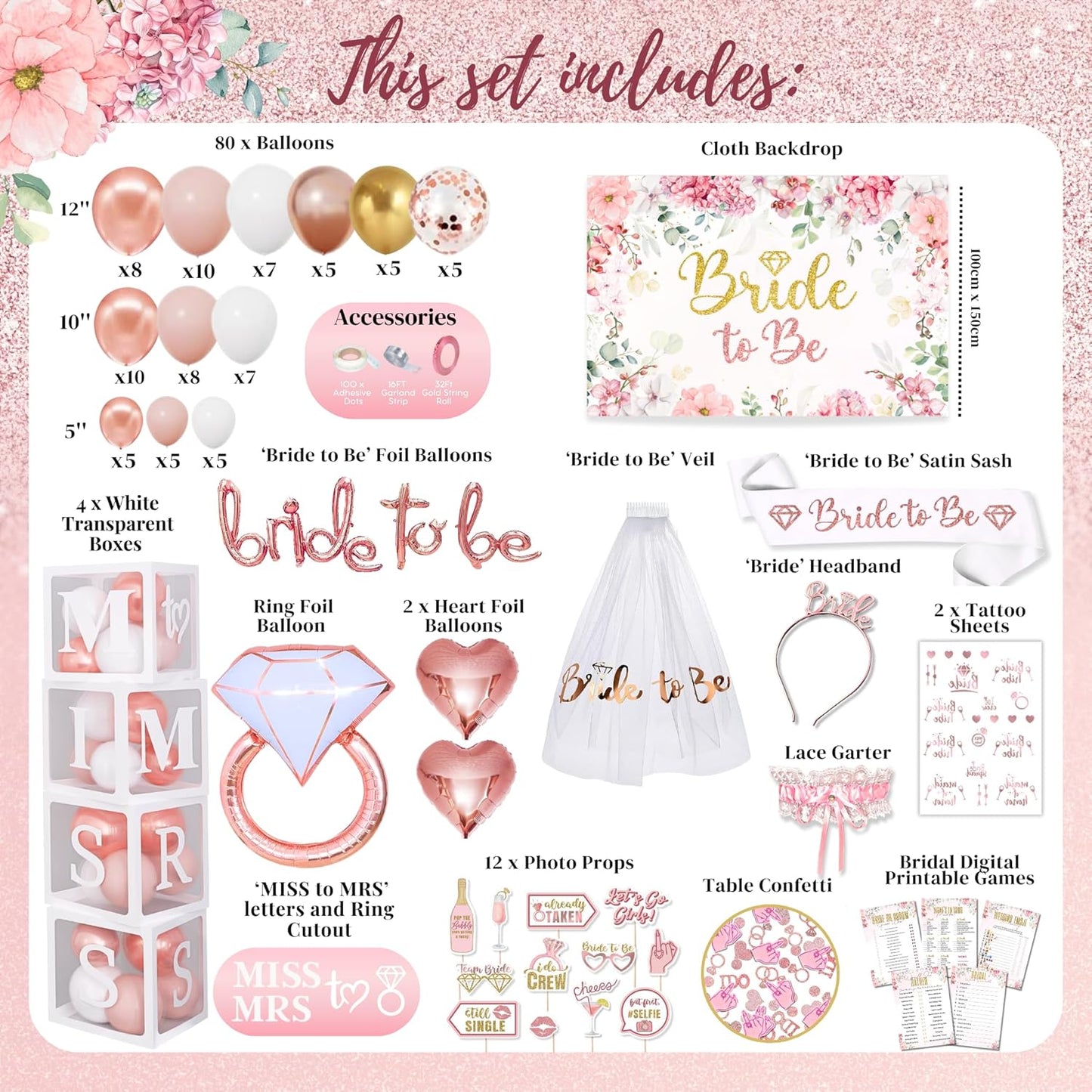 189 pc Bridal Shower Party Decorations – Balloons, Bride to Be Sash, Veil, Headband, Backdrop, Props – Pink Bachelorette Party Decorations for Engagement, Wedding, Rose Gold Bridal Shower Decorations