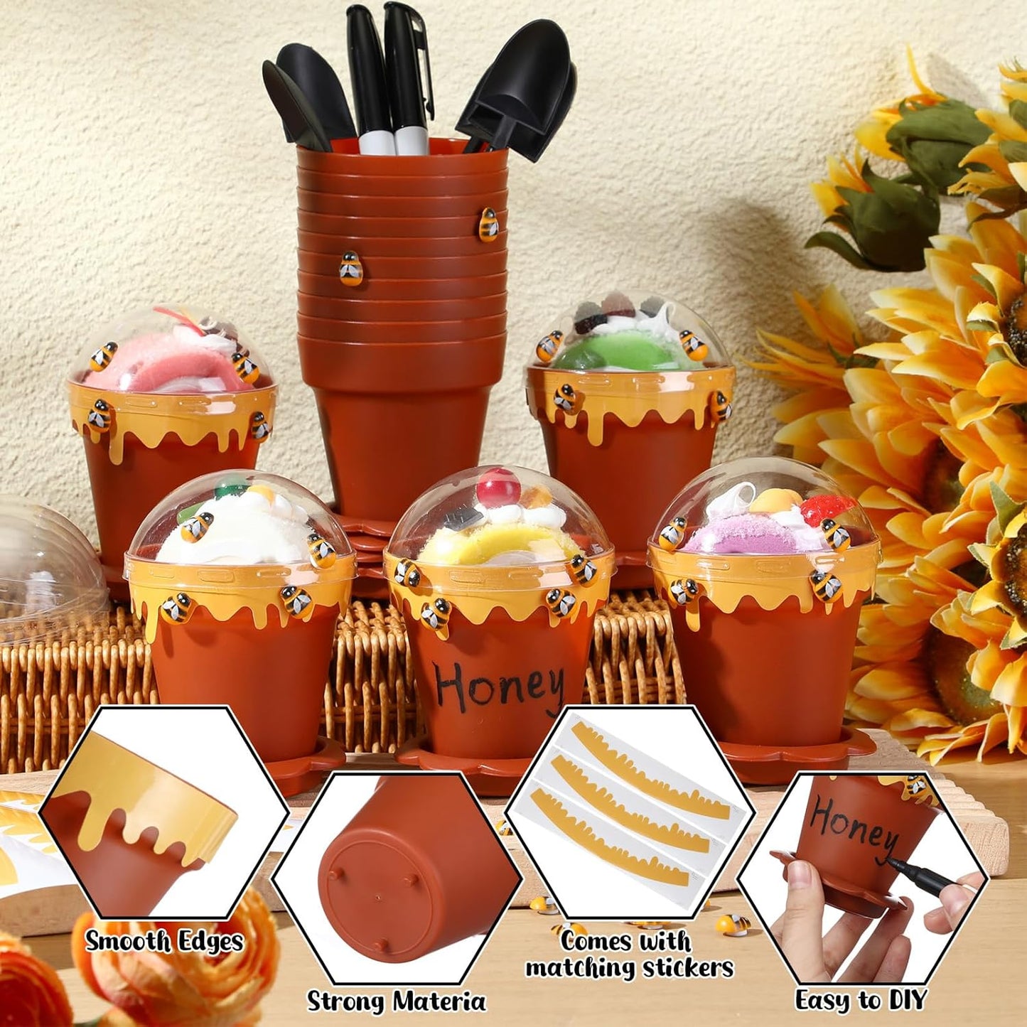 60 Sets Mini Honey Bee Pots with Lids, Spoon, Saucers and Bee Charms, 6.76 OZ Plastic Honey Jars for Cupcake Dessert Themed Party Favor Planter Baby Shower Birthday Wedding Decoration (Brown)