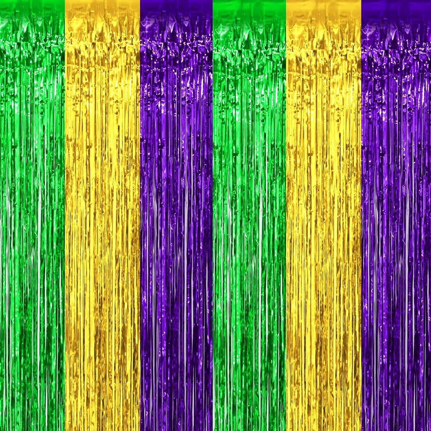 4 Pack Mardi Gras Foil Fringe Curtain Backdrop, 3.28Ft x 9.8Ft Gold Green Purple Metallic Tinsel Foil Fringe Streamers Curtains for Photo Booth, Wedding, Birthday, Carnival Party Decoration
