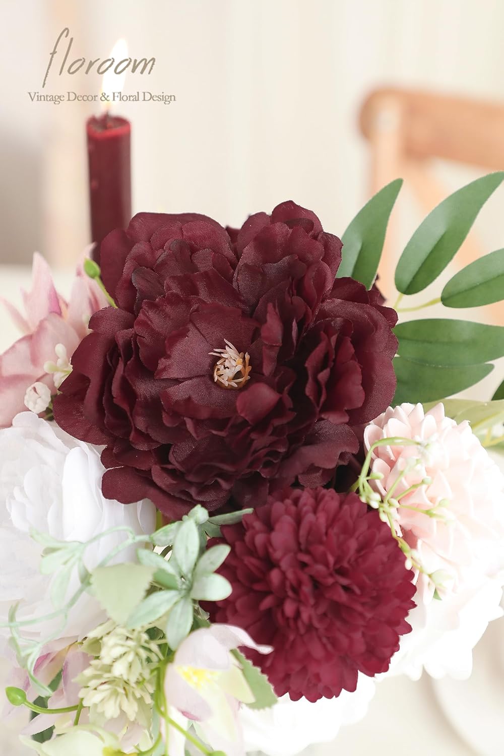 Floroom Burgundy Artificial Flowers Marsala Fake Roses Peonies Dahlia Greenery Combo Box Set for DIY Dark Red Wedding Bouquets Bridal Shower Centerpieces Floral Arrangements Party Tables Decoration