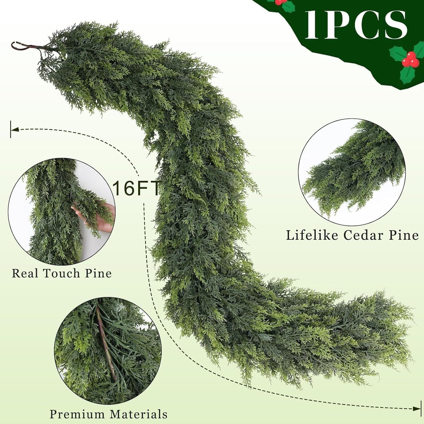 Christmas Cedar Garland - 16ft Artificial Cedar Garland Faux Lush Green Fake Pine Needles for Fireplace,Table,Window,Stairs,Mante,Holiday Indoor Outdoor Xmas Decor(1PCS)