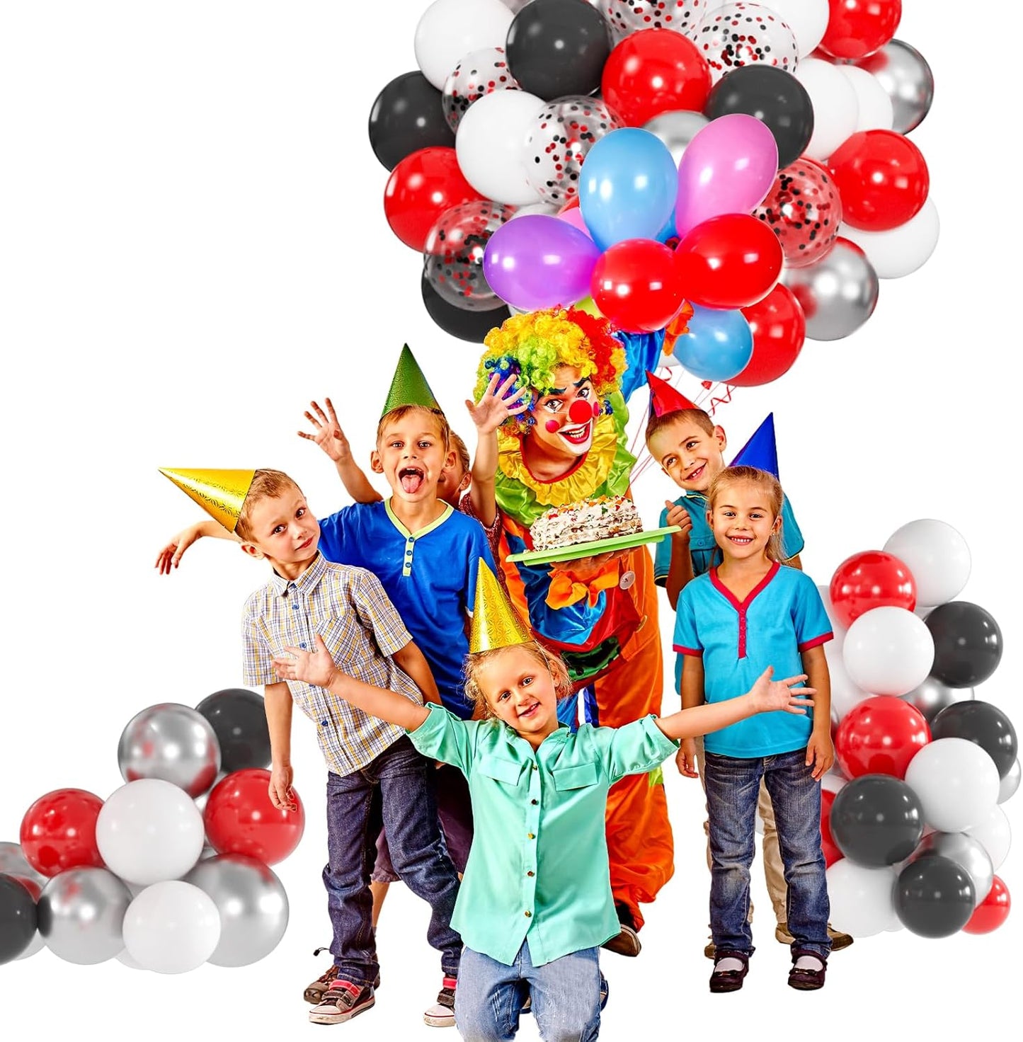 100pcs Red Black White Balloons Kit - 12 Inch Metallic Silver Confetti Latex Balloons for Christmas, Spider-Man Birthday, Masquerade Ball, Graduation, Halloween (66ft Ribbons)