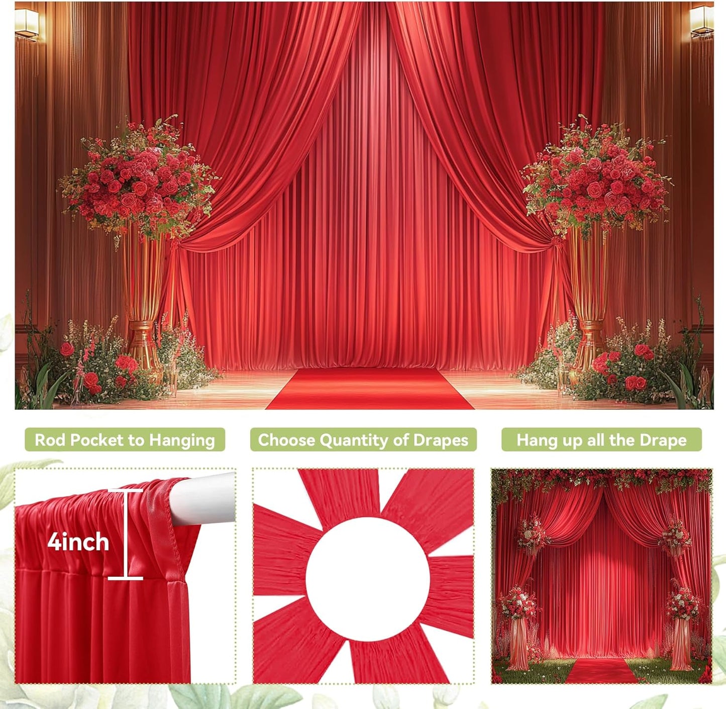PartyVillage 10ft×15ft Red Backdrop Curtain for Wedding Parties, 2 Panels Wrinkle Free 15 FT Long Polyester Photo Backdrop Drapes Back Drop Cloth for Birthday Photography Background