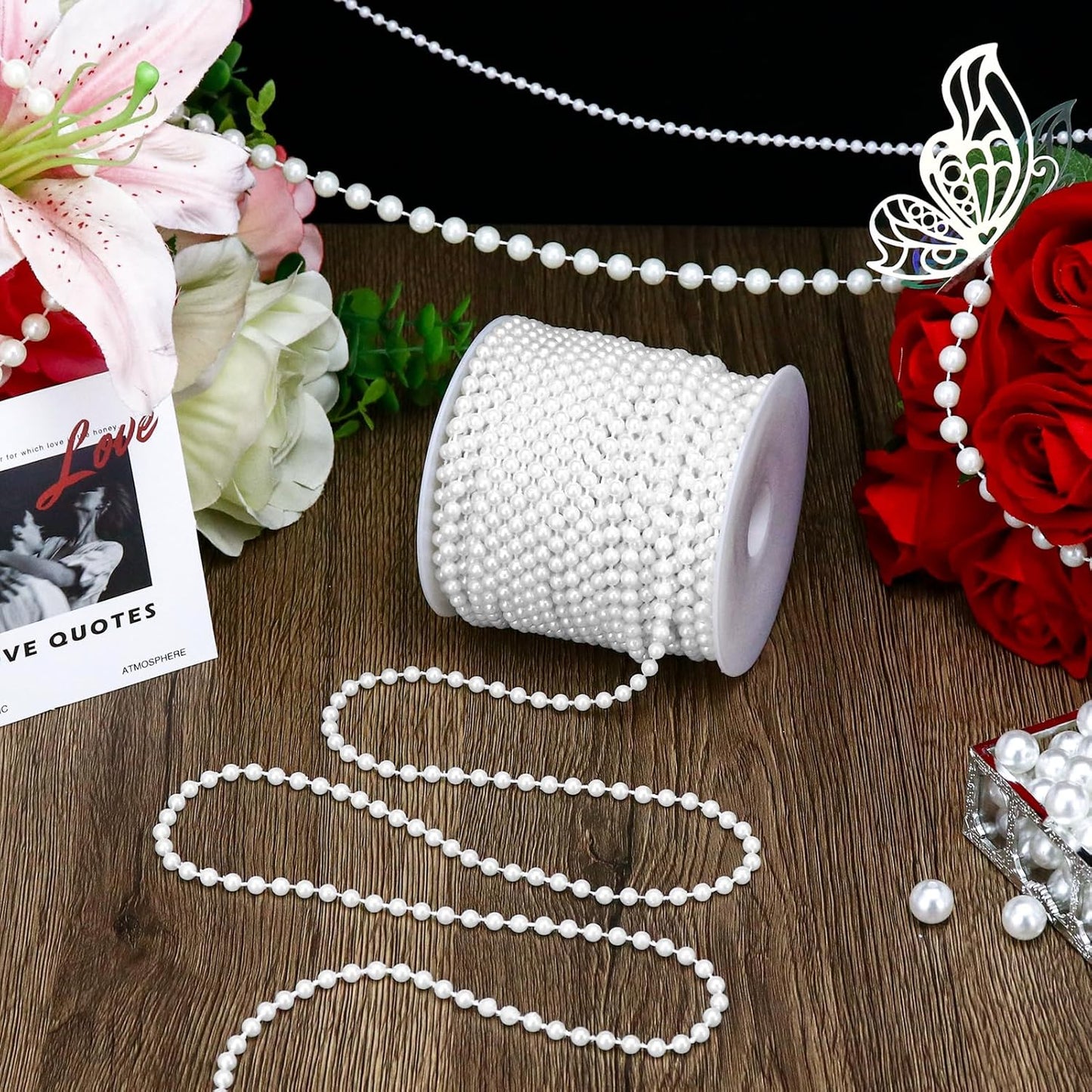 99 Feet 5mm Faux Pearl Strings Garland Artificial Pearl Beaded Trim Chain Strands for Crafting Wedding Centerpieces Bouquet Party Decoration Christmas Tree Garland, White