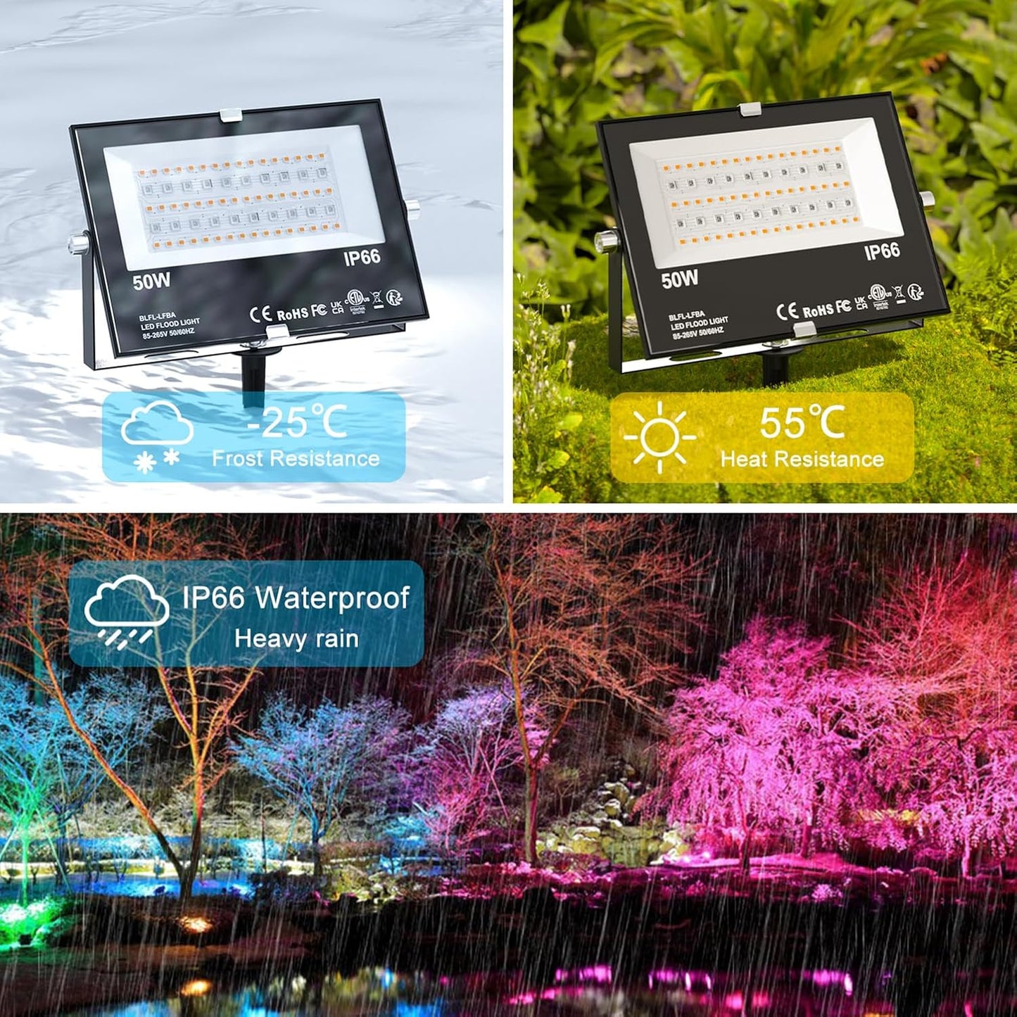 LED Flood Light Outdoor 500W Equivalent 5000LM,Bluetooth RGBW Colored Floodlight Landscape Lighting with APP Control,DIY Scenes,Timing, IP66 Waterproof,2700K,Color Changing Uplight with Ground Stakes