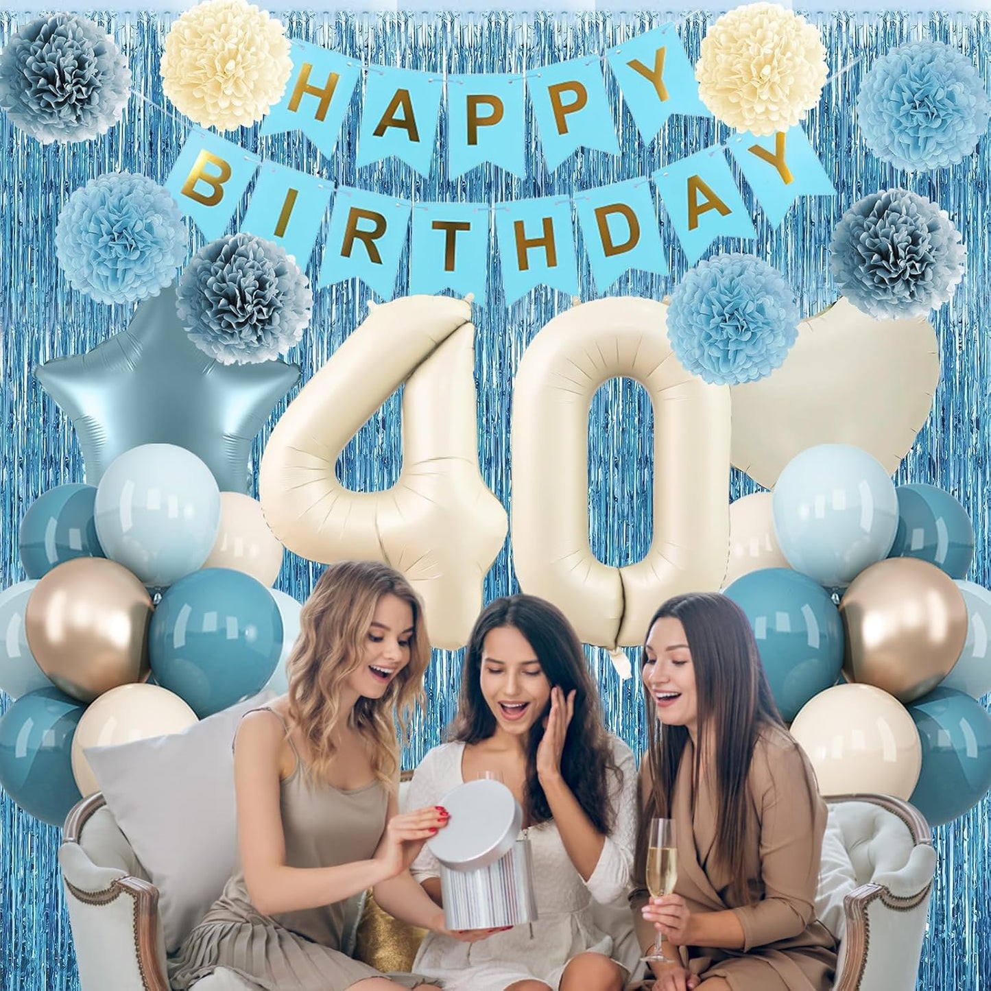 Dusty Blue 40th Birthday Party Decorations for Women Men Beige Cream Number 40 Balloon with Blue Gold Happy Birthday Banner Fringe Curtain Paper Pom Poms Nude White Sand Champagne Star Foil Balloons
