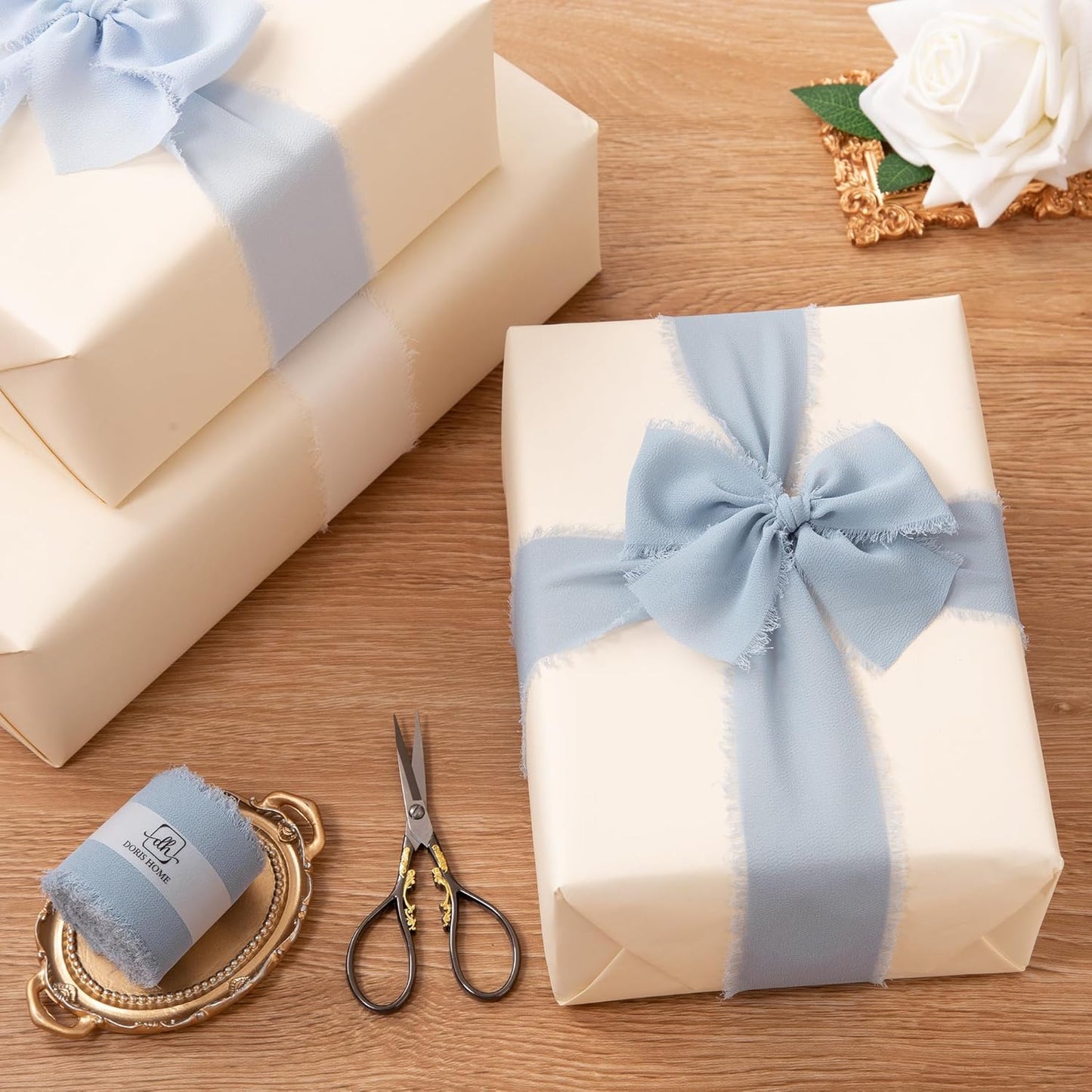 DORIS HOME Dusty Blue Chiffon Ribbon for Flower Bouquet, 2" x21Yd Fabric Ribbon for Gift Wrapping, Handmade Frayed Ribbon for Wedding, Chiffon Silk Ribbon for Christmas Decorations