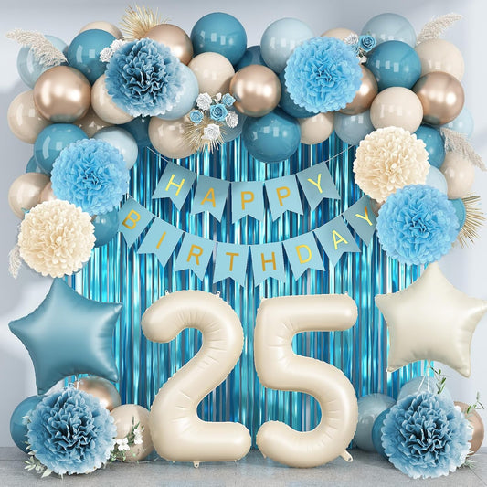 Dusty Blue 25th Birthday Party Decorations for Her Him Beige Cream Number 25 Balloon with Blue Gold Happy Birthday Banner Fringe Curtain Paper Pom Poms Nude White Sand Champagne Star Foil Balloons