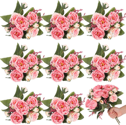 8 Bundles Artificial Peonies Flowers Boho Faux Flowers Arrangements Artificial Centerpiece Spring Bouquet Floral Wedding Decoration for Vase(Pink Color)