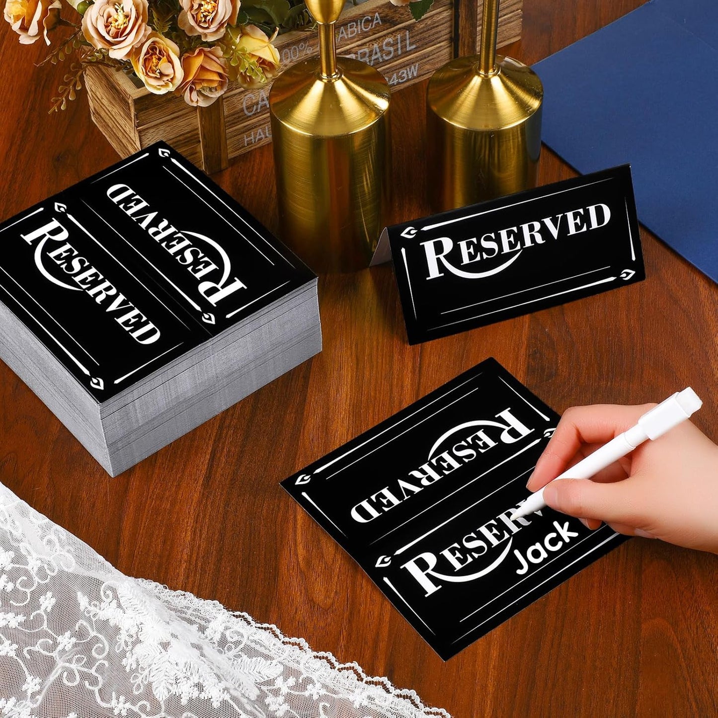 300 Pcs Paper Table Reserved Sign with Name Line Reserved Seating Signs Bulk Double Sided Signs for Reserving Seats Restaurant Wedding Reception Church Board Business Meeting (Black White)