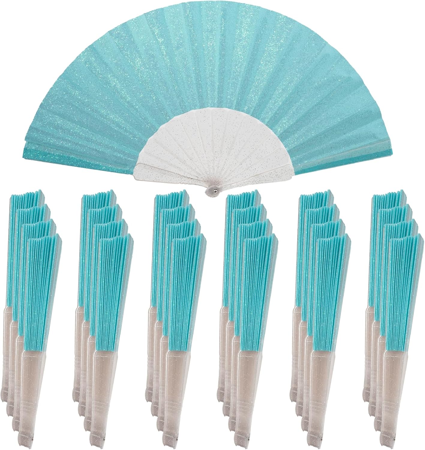 24 Pack Handheld Fan,Folding Hand Glitter Fan with Shining Transparent Fan Rib – Ideal for Wedding, Church, Festival, Dance, Tea Party, Club, and EDM Accessories, Sky Blue