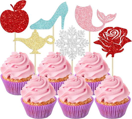 Gyufise 24Pcs Princess Symbol Cupcake Toppers Apple Mermaid High Heel Snowflake Rose Cupcake Picks for Girl Birthday Baby Shower Party Decorations