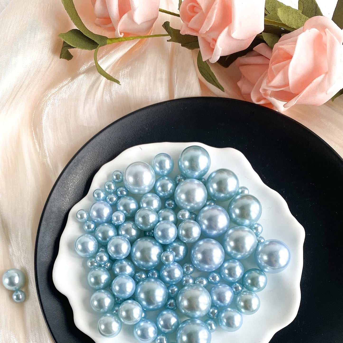 120 PCS 8/14/20mm No Hole Polish Pearl Beads for Centerpiece, Light Blue Beads Decorative Vase Fillers, Plastics Pearls for Vases, Table Scatters, Wedding Party Decor