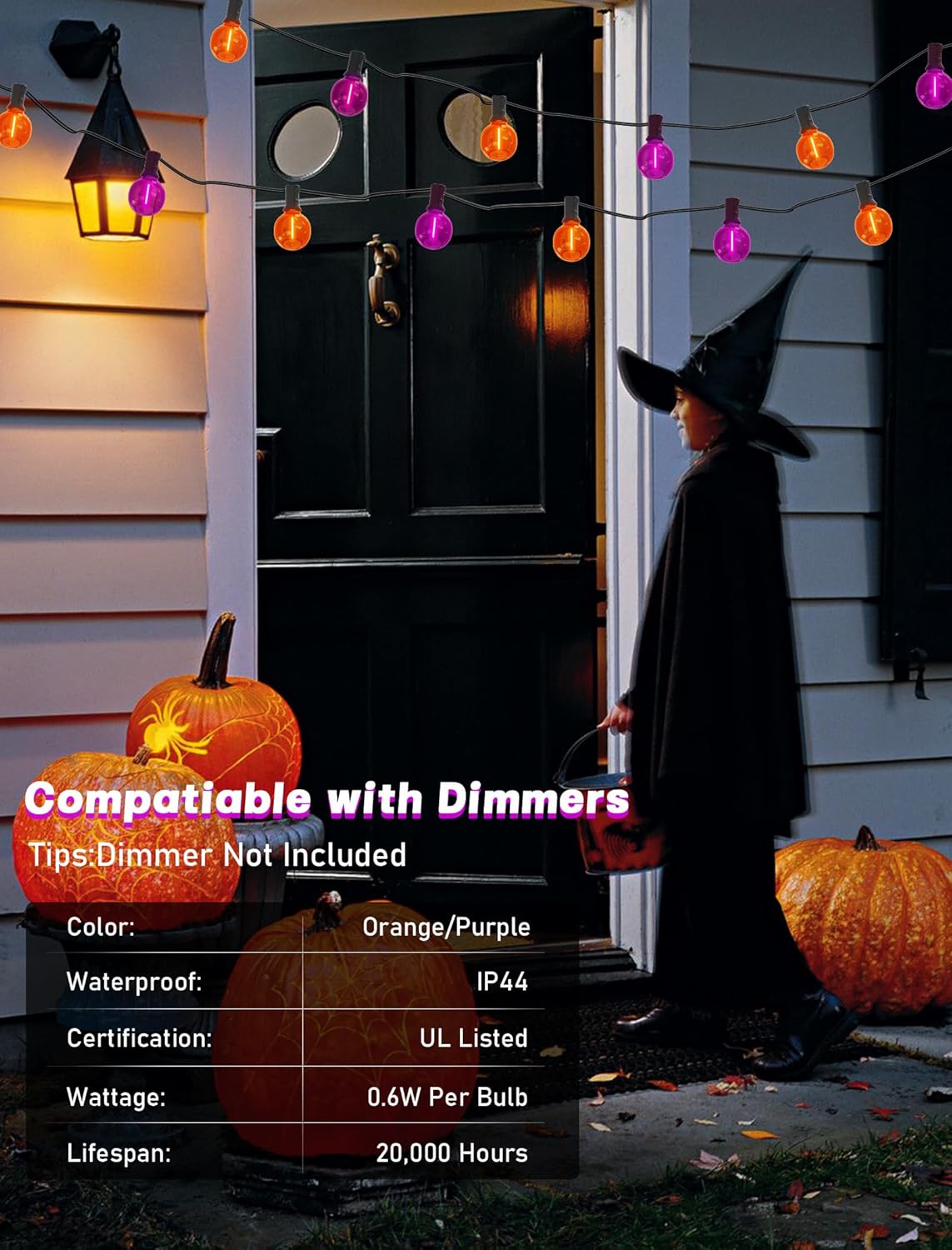 SUNSGNE G40 LED Outdoor Halloween String Lights 25FT Globe String Lights with 27 LED Shatterproof Clear Orange Purple Lights(2 Spare) for Patio Balcony Backyard Pergola Decor