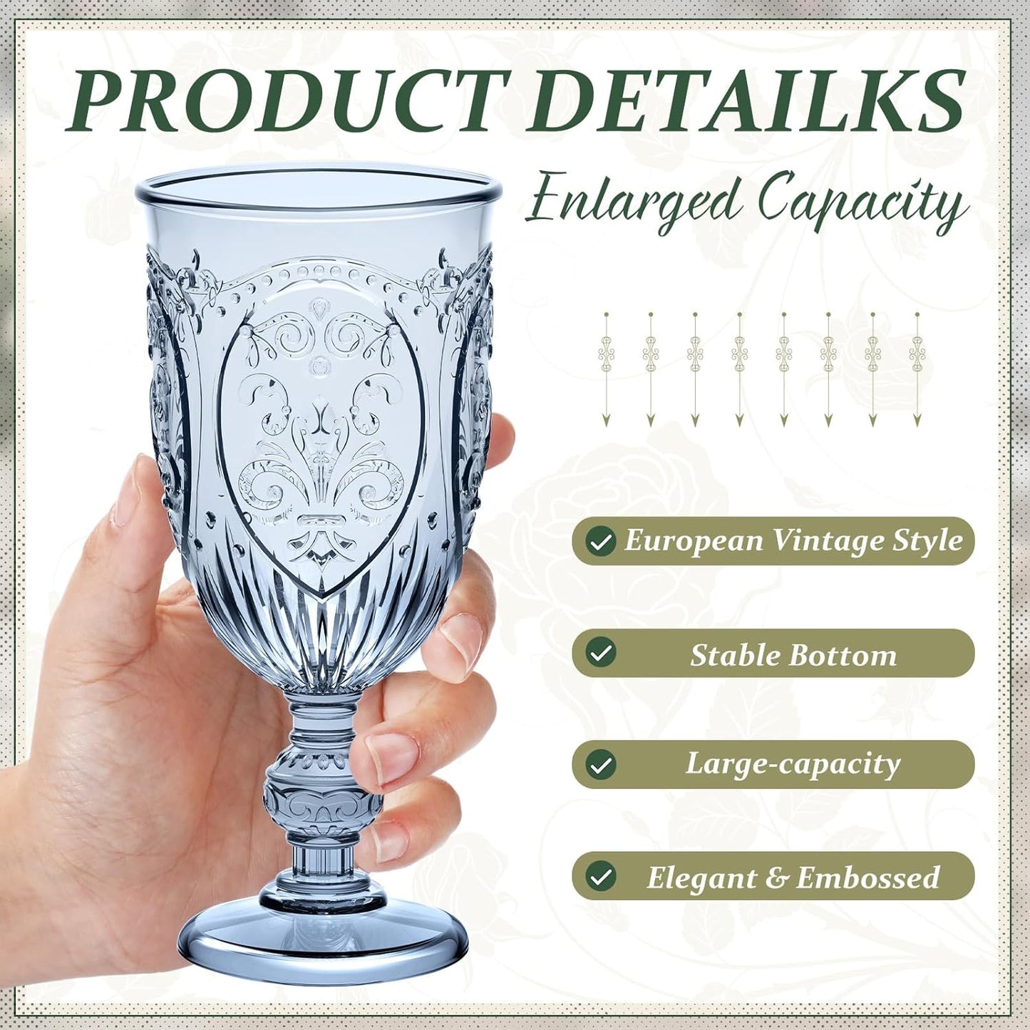 60 Pack Plastic Goblets 10oz Upgrade Vintage Water Goblet Plastic Wine Glasses Colored Retro Embossed Glassware for Party Wine Bar Juice Baby Shower Wedding Reception Grand (Blue)