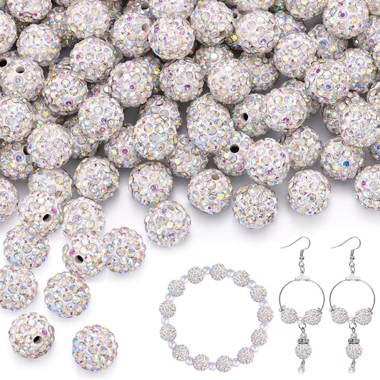 100 pcs 10mm Rhinestone Beads for Jewelry Making, Crystal AB Shiny Round Shamballa Disco Beads Bulk, Sparkle Crystal Clay Christmas for Bracelet Baseball Necklace Earring Crafting and DIY