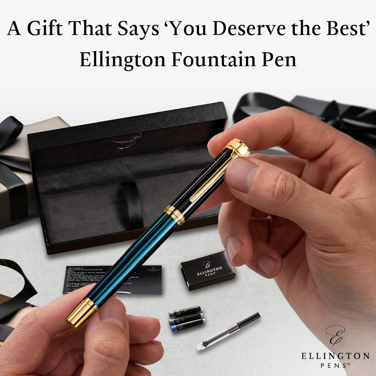 Ellington Pens Luxury Fountain Pen Set- Fountain Pens for Writing - Smooth Medium Nib - Includes Refillable Ink Converter, 3 Ink Cartridges [Black & Blue], Gift Box - Elegant Calligraphy
