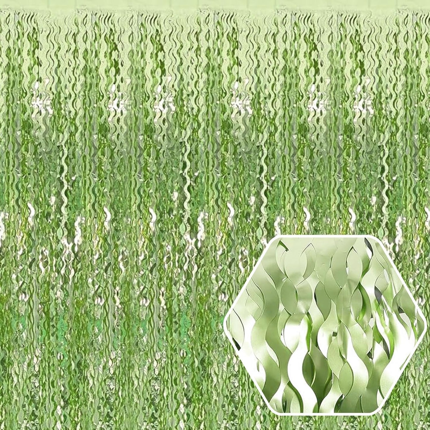 4 Pack Light Green Wave Foil Fringe Curtain Backdrop, 3.28Ft x 8.2Ft Metallic Tinsel Foil Fringe Streamer Curtains for Photo Booth, Mother's Day, Easter, Birthday, Wedding Party Decoration