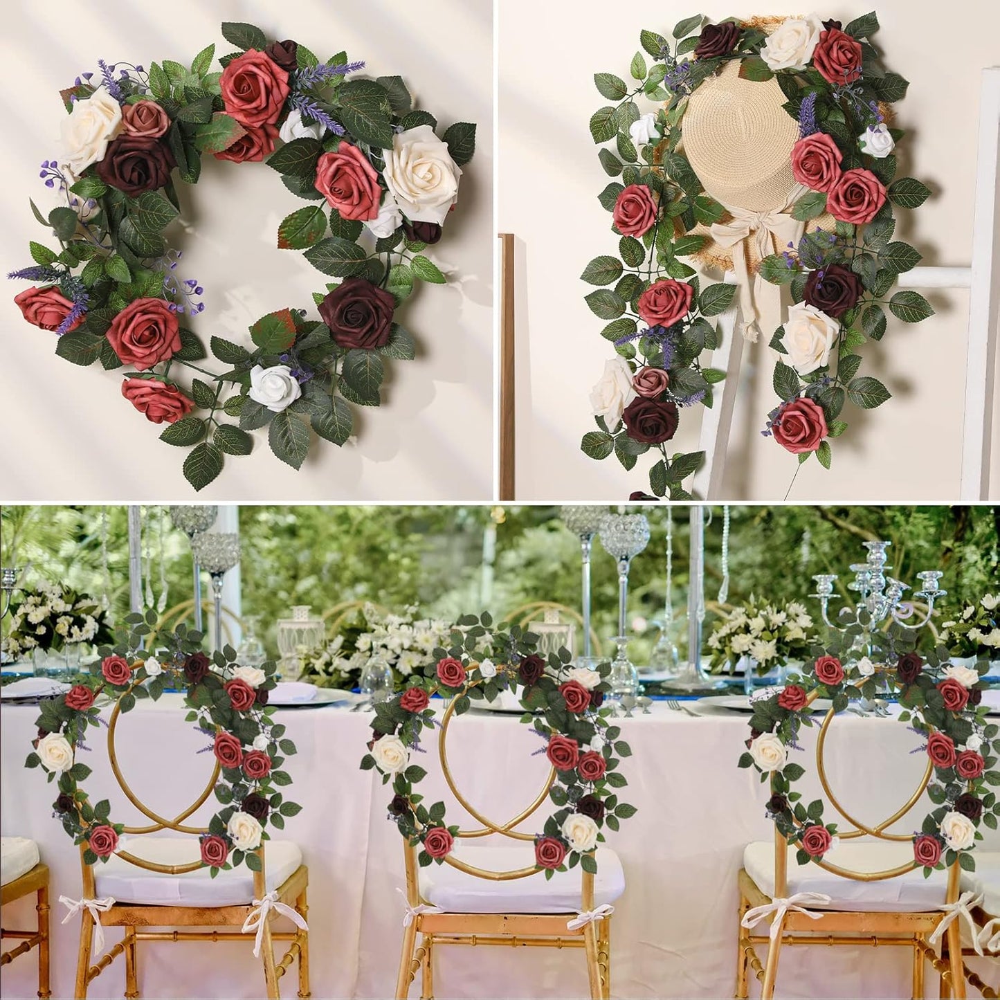 5FT Artificial Rose Flower Burgundy Fake Floral Garland for Wedding Ceremony Backdrop Arch Flowers Table Centerpieces Decorations