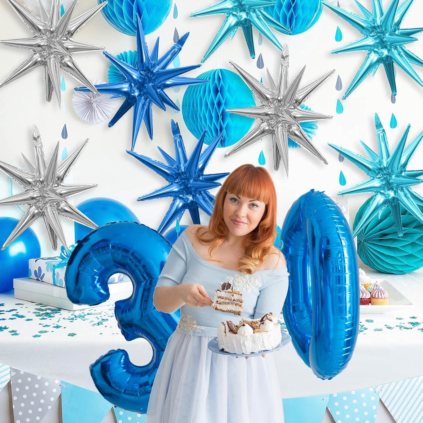 Blue Silver Star Balloons,9Pcs 22Inch Blue Silver Explosion Spike Cone Helium Polyester Film Star Foil Balloons for Birthday Anniversary Baby Shower Disco Party Decorations