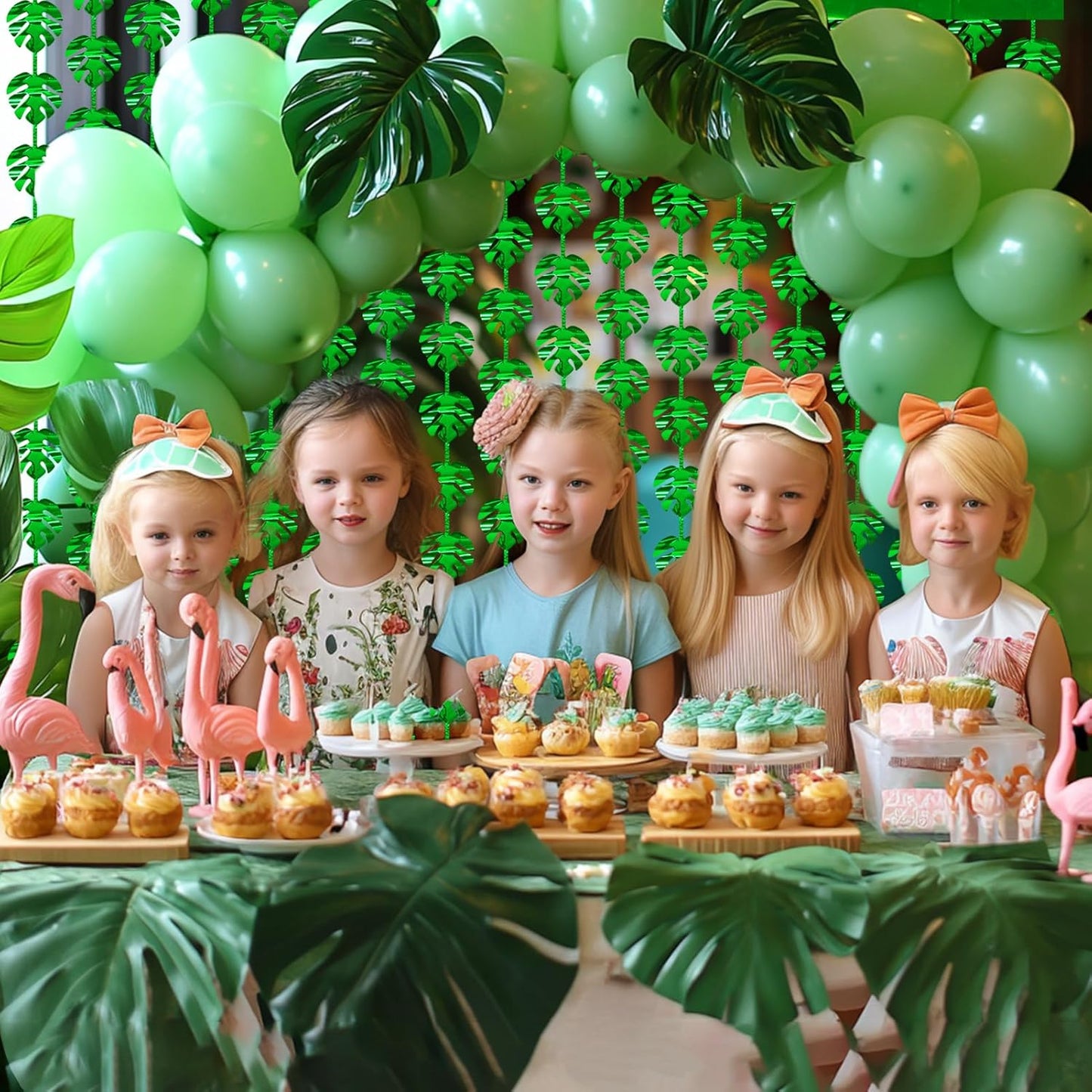 2 Packs Jungle Leaf Foil Fringe Curtain, Green Glitter Tropical Palm Leaves Metallic Tinsel Backdrop for Safari Birthday, Baby Shower, Hawaiian Aloha Luau Party Decorations Supplies