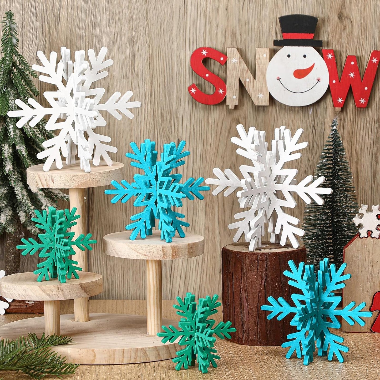 Bucherry 12 Pcs Wooden Snowflake Table Decor 3D Snowflake Tabletop Signs and Centerpiece for Christmas Xmas Winter Wonderland Decorations Home Party(White, Blue, Green)