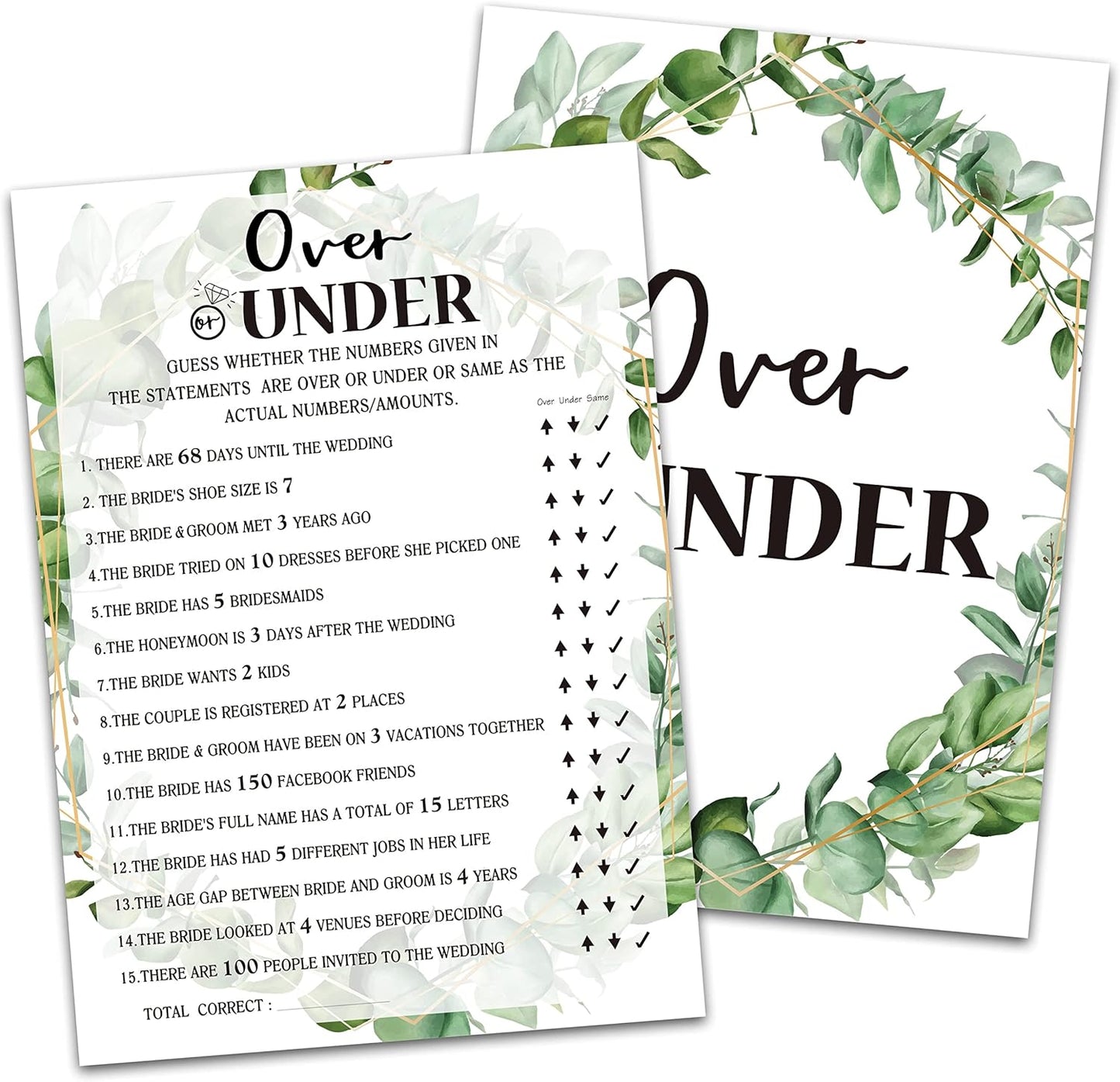 Bridal Shower Game - Over or Under, Tropical Jungle Theme Engagement Party Set of 30 Cards (Leaf009)