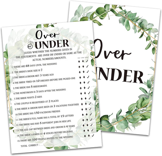 Bridal Shower Game - Over or Under, Tropical Jungle Theme Engagement Party Set of 30 Cards (Leaf009)