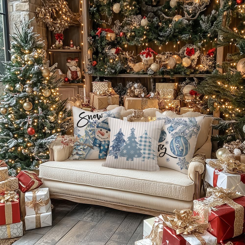 GEEORY Winter Christmas Throw Pillow Covers 16 x 16 Inch Set of 4, Xmas Trees Snowflake Snowman Joy Plaid Holiday Farmhouse Decorative Cushion Cases for Home Decoration G582-16