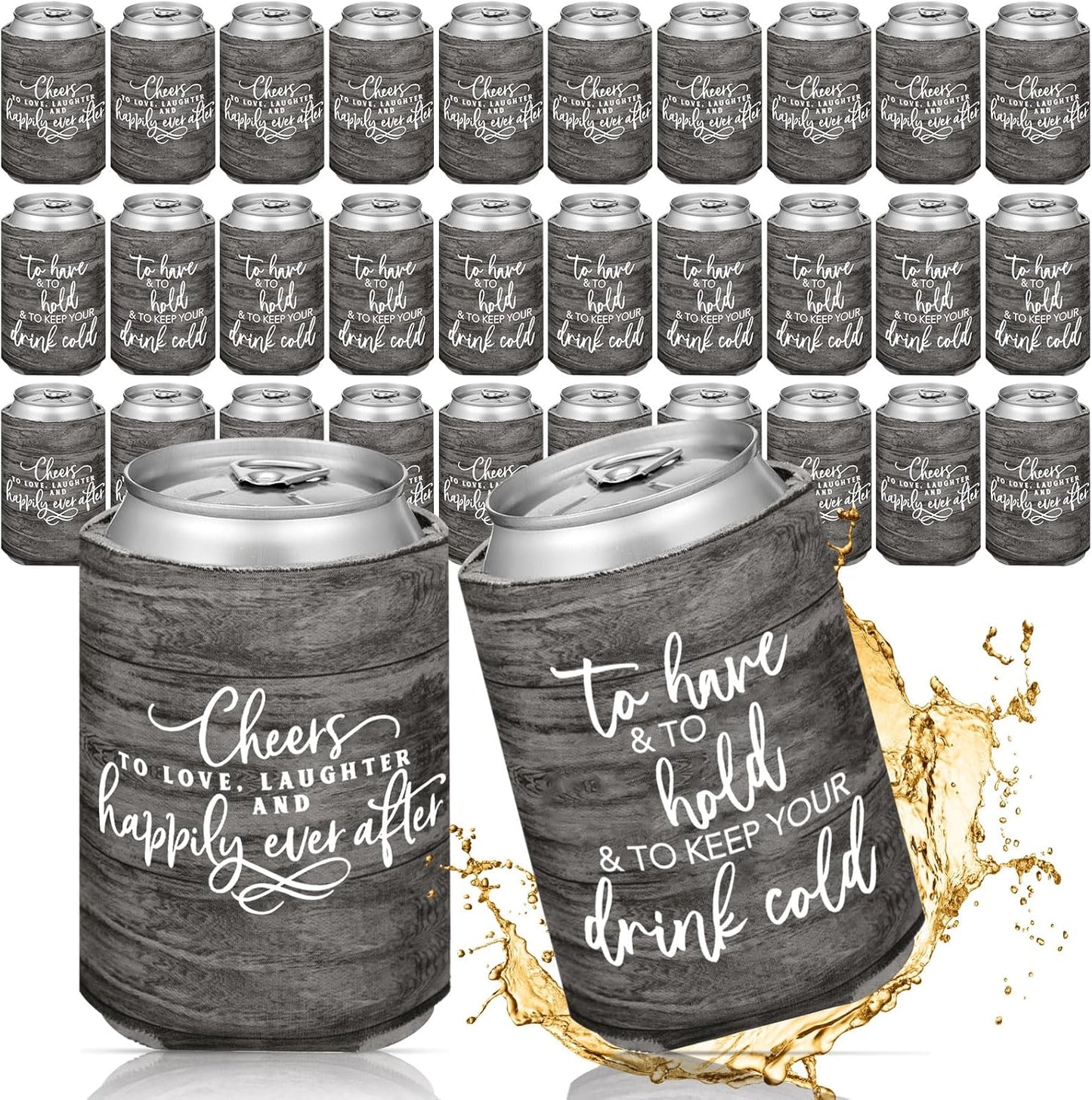 50 Pieces Wood Grain Wedding Can Cooler Sleeves Bulk Engagement Party Favors for Guests Cheers to Love Laughter and Happily Ever After Rehearsal Dinner Decorations for Wedding Bridal