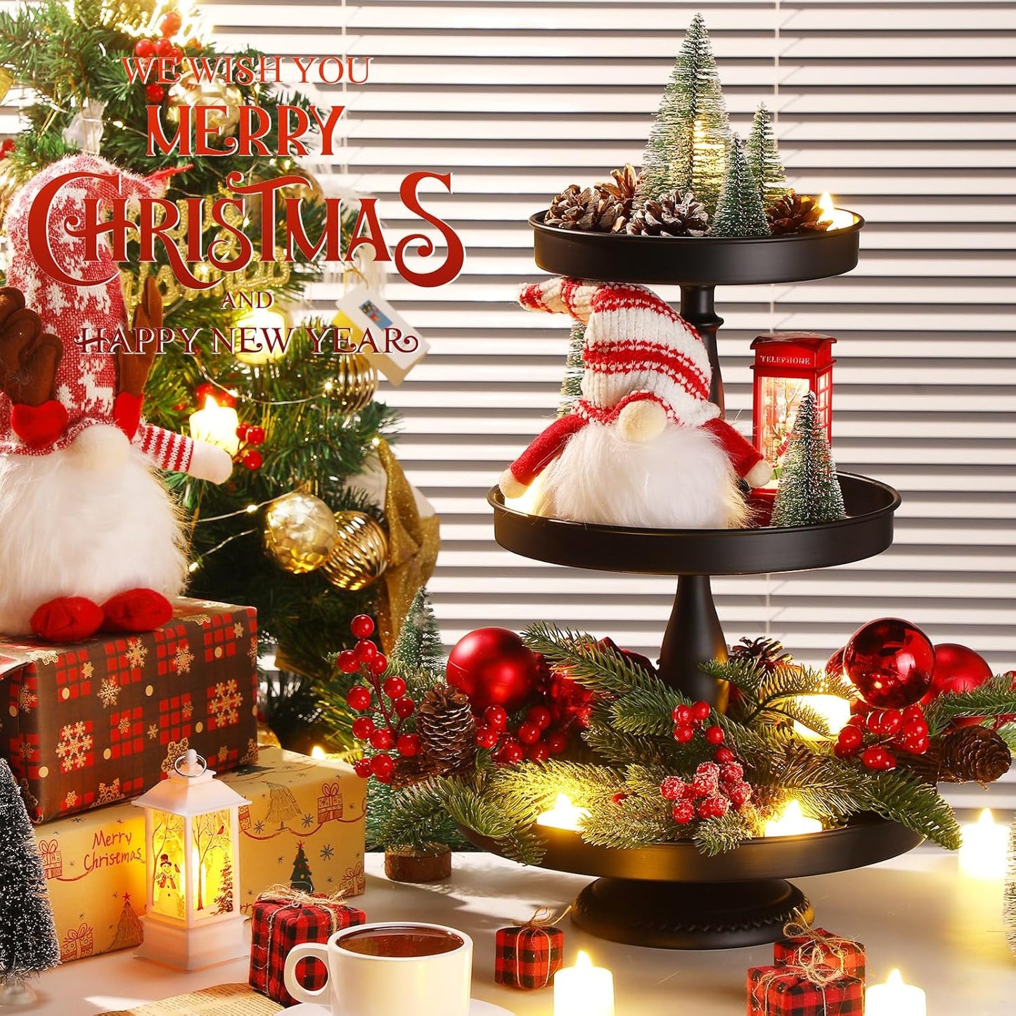 Maxdot 2 Pcs 3 Tier Cupcake Stand Holder, Round Cupcake Stand Serving Tray, Metal Tiered Tray Pastry Dessert Cake Tower Display Stand for Baby Shower Tea Party, Wedding and Birthday (Black)