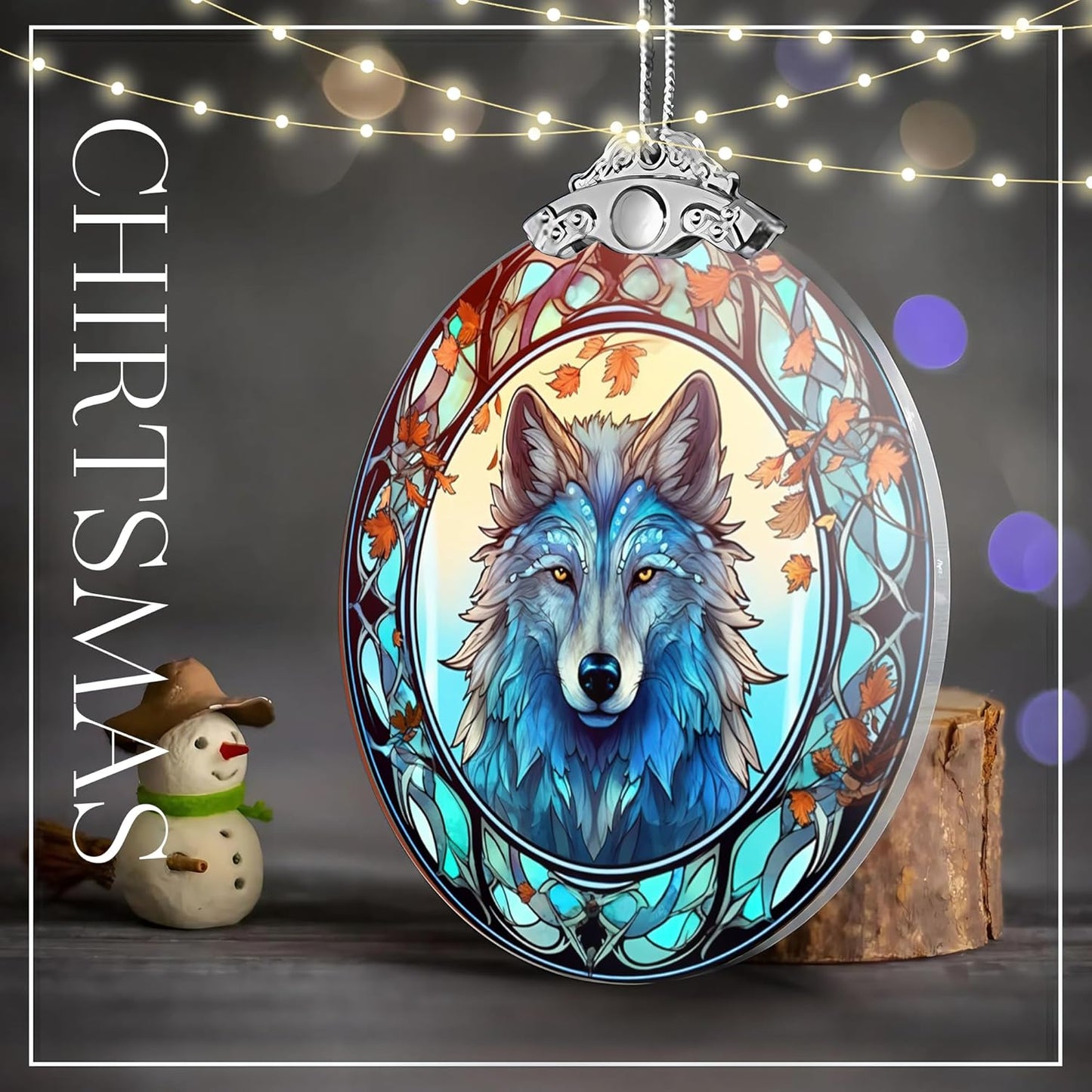 2025 Ornament Stained Glass Effect, Big 4 Inch Acrylic Hanging Art, Tree Ornaments, Holiday Decoration, Car Interior Accent, 2025 Christmas Ornament (Mystic Wolf)
