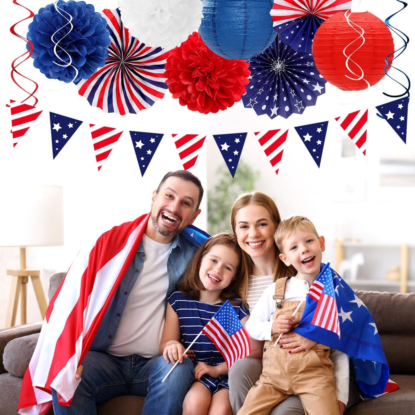 Red-White Blue Memorial-Day Patriotic Decorations - 21pcs 4th Fourth of July Paper Lanterns Fans,Tissue Pom Poms Streamers,Honeycomb Balls,USA Americana Independence Banner Decor Burgleda