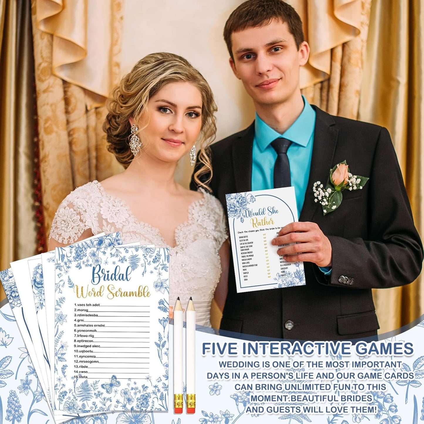 Teling 145 Pieces Bridal Shower Game Bridal Shower Favors Set Wedding Games Cards and Pencils for Bride Groom Bachelorette Party Wedding Party Favor (Blue Floral Style)