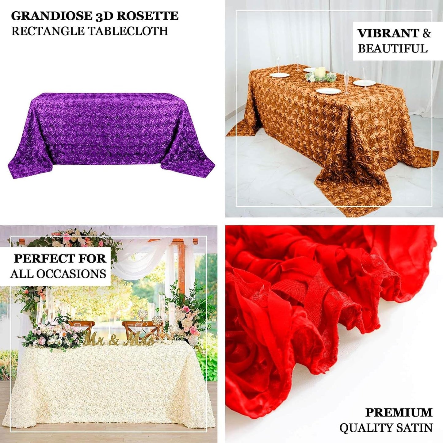 Efavormart 90"x132" Wholesale Rectangle Table Cover Purple Grandiose Rosette 3D Satin Tablecloth for Wedding Party Event Decoration