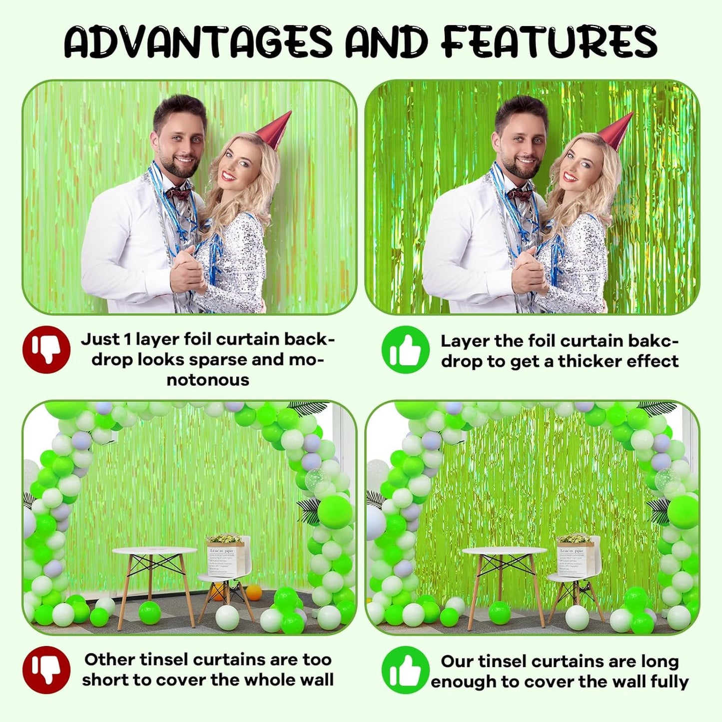 4 Pack 3.3x8.2 Feet Neon Green Foil Fringe Backdrop Curtains, Tinsel Streamers Birthday Party Decorations, Fringe Backdrop for Graduation, Baby Shower, Gender Reveal, Disco Party