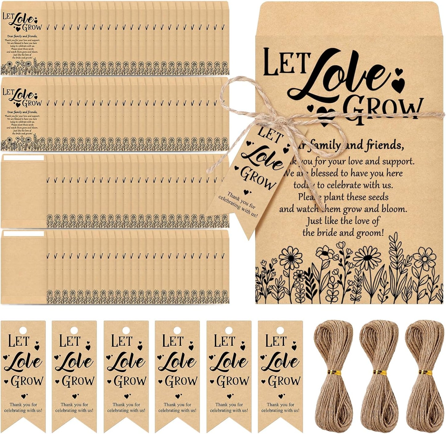 150 Sets Let Love Grow Wedding Favors for Guests Wedding Thank You Gifts Bulk Include Flower Seed Packets Tags and Hemp Ropes Craft Envelops for Bridal Shower Engagement Party Favors