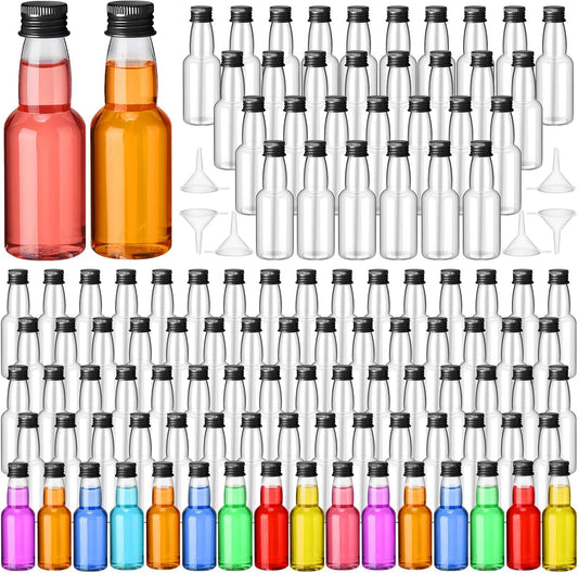 120 Pcs Mini Liquor Bottles Airtight Shot Miniature Empty Plastic Alcohol Spirit Shot Bottles with Funnels for Party Favors, Weddings(2 oz,Black)
