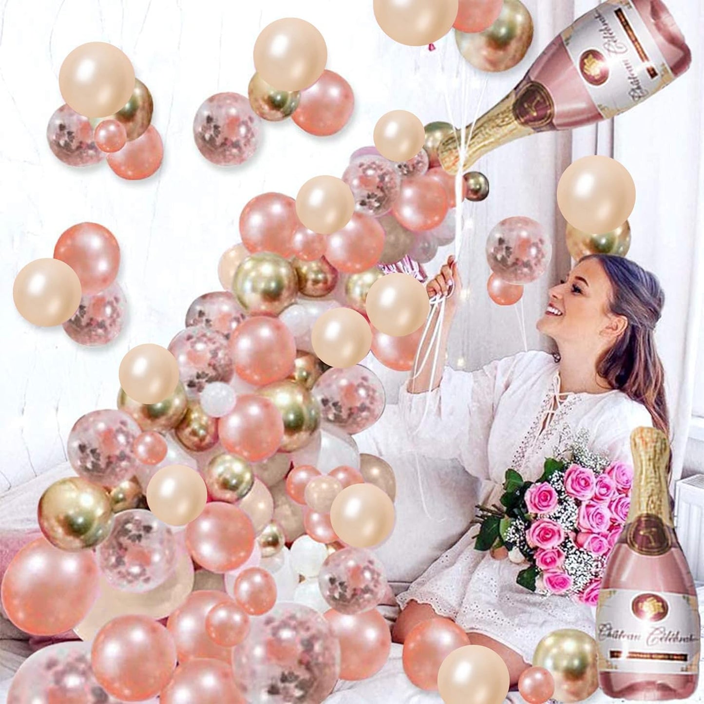 Rose Gold Balloons, 60PCS 12inch Rose Gold White Champagne Latex Balloon Confetti Balloons with Ribbon for Wedding, Baby Shower, Birthday, Engagement, Bridal Shower, Princess Party