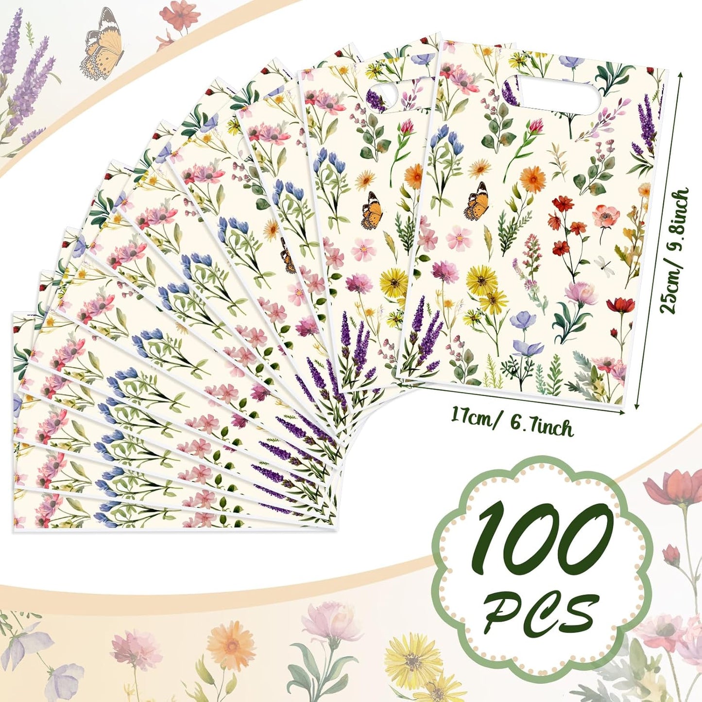 100 Pcs Wildfloral Gift Bags Vintage Wildflower Party Favor Bag with Handle Wildfloral Plastic Goodie Candy Treat Gift Wrapping for Summer Baby Shower Birthday Wedding Party Supplies (White)