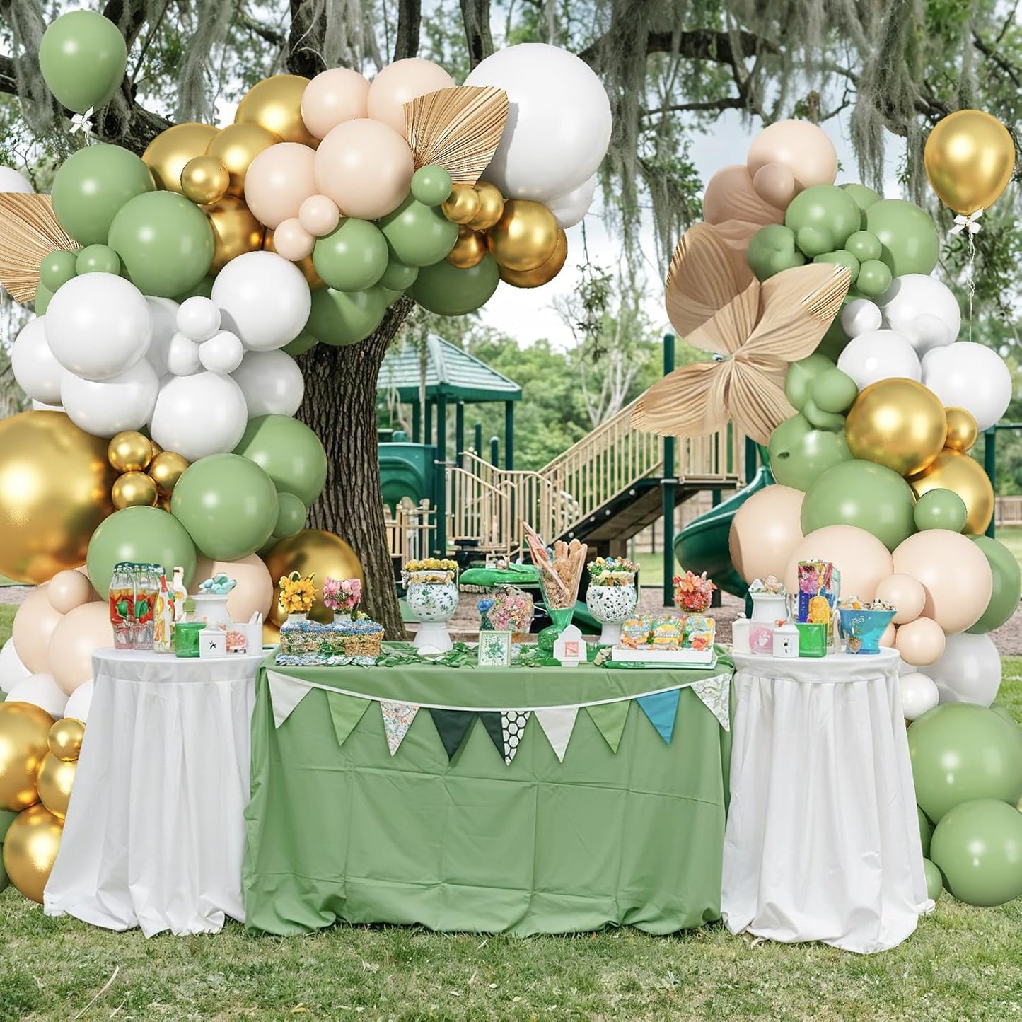 Sage Green Balloon Arch Kit 97Pcs Avocado Green Gold Balloons Garland Kit with Double Stuffed Balloons Neutral Nude Beige Cream White Birthday Party Balloons for Bridal Baby Shower Wedding Decorations