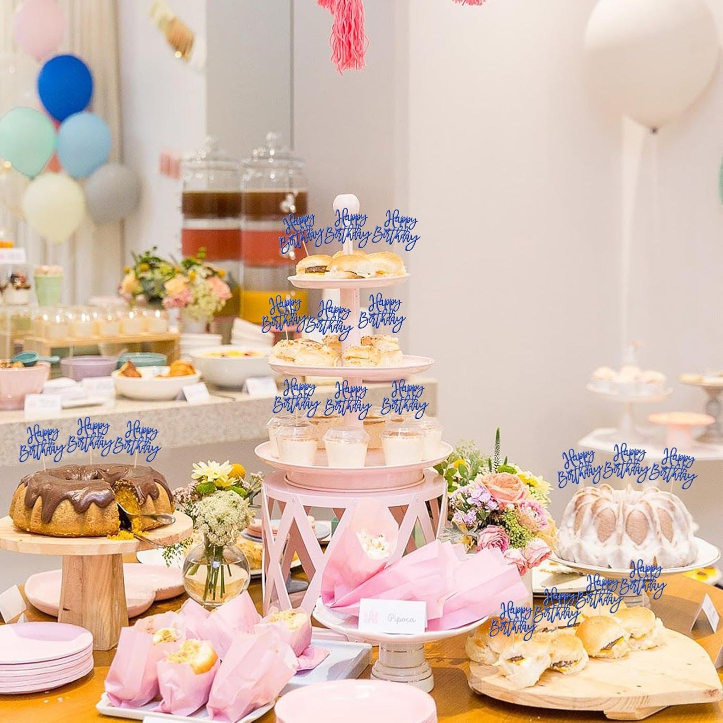 24 PCS Happy Birthday Cupcake Toppers Glitter Picks for Celebrating Anniversary Theme Party Cake Decorations Supplies Dark Blue