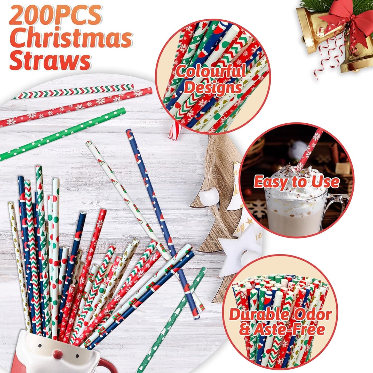 200 Pcs Christmas Paper Straws, 10 Styles Biodegradable Colorful Disposable Drinking Christmas Straws for Christmas Party Supplies, Desserts, Thanksgiving, New Year and Holiday Party Decorations
