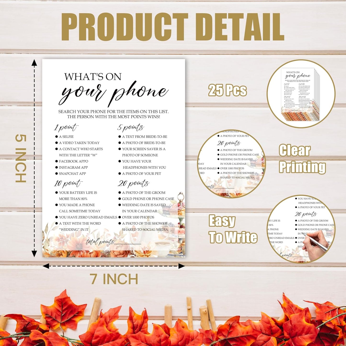 Fall Bridal Shower Games Cards, What's On Your Phone Wedding Bachelorette Party Games, Fall in Love Bridal Shower Decorations, 25 Cards, G10